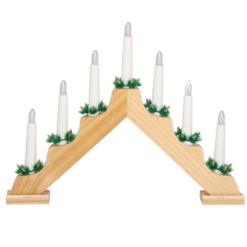 Sfesnic decorativ LED cu 7 lumanari si coronite verzi, alimentare baterii, 40x31 cm, maro si alb Household NewTrend