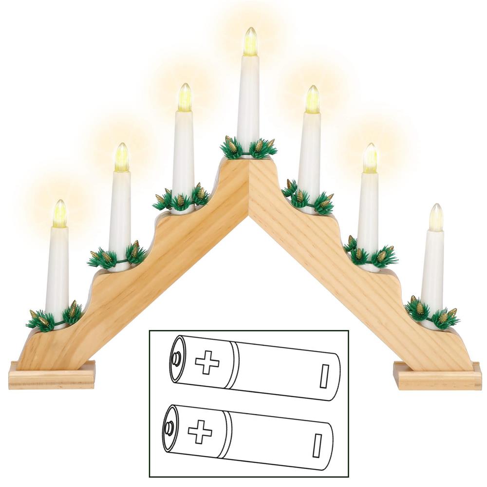 Sfesnic decorativ LED cu 7 lumanari si coronite verzi, alimentare baterii, 40x31 cm, maro si alb Household NewTrend