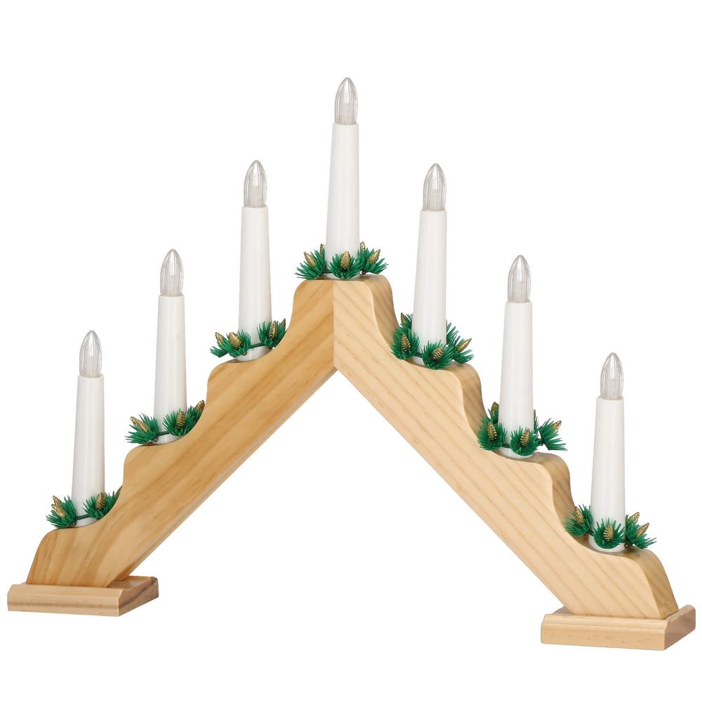 Sfesnic decorativ LED cu 7 lumanari si coronite verzi, alimentare baterii, 40x31 cm, maro si alb Household NewTrend