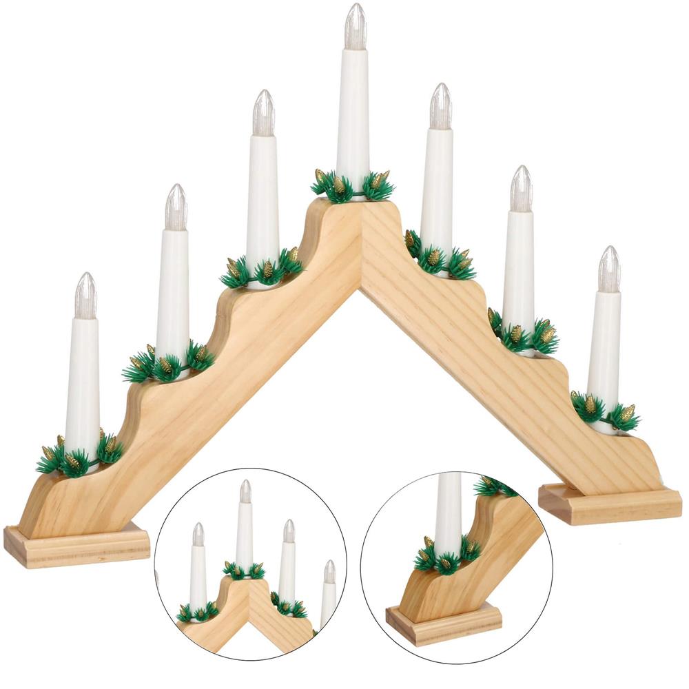 Sfesnic decorativ LED cu 7 lumanari si coronite verzi, alimentare baterii, 40x31 cm, maro si alb Household NewTrend