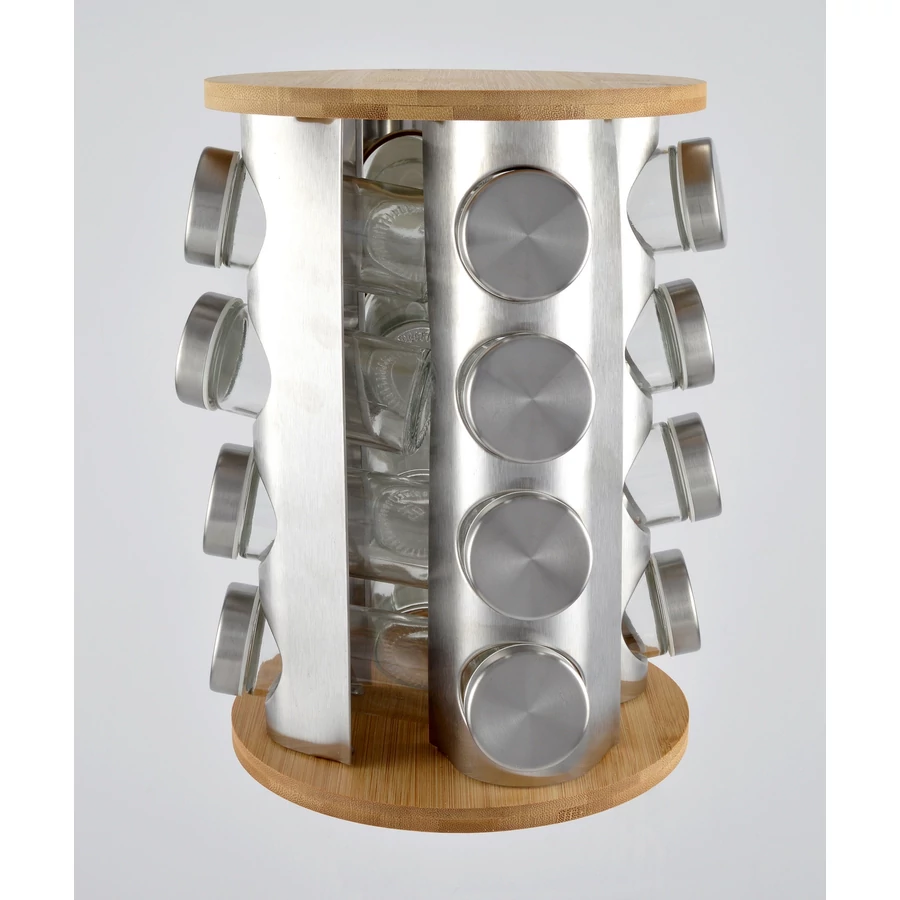 Suportul rotativ pentru condimente cu 16 recipiente din bambus și oțel inoxidabil Handy KitchenServ
