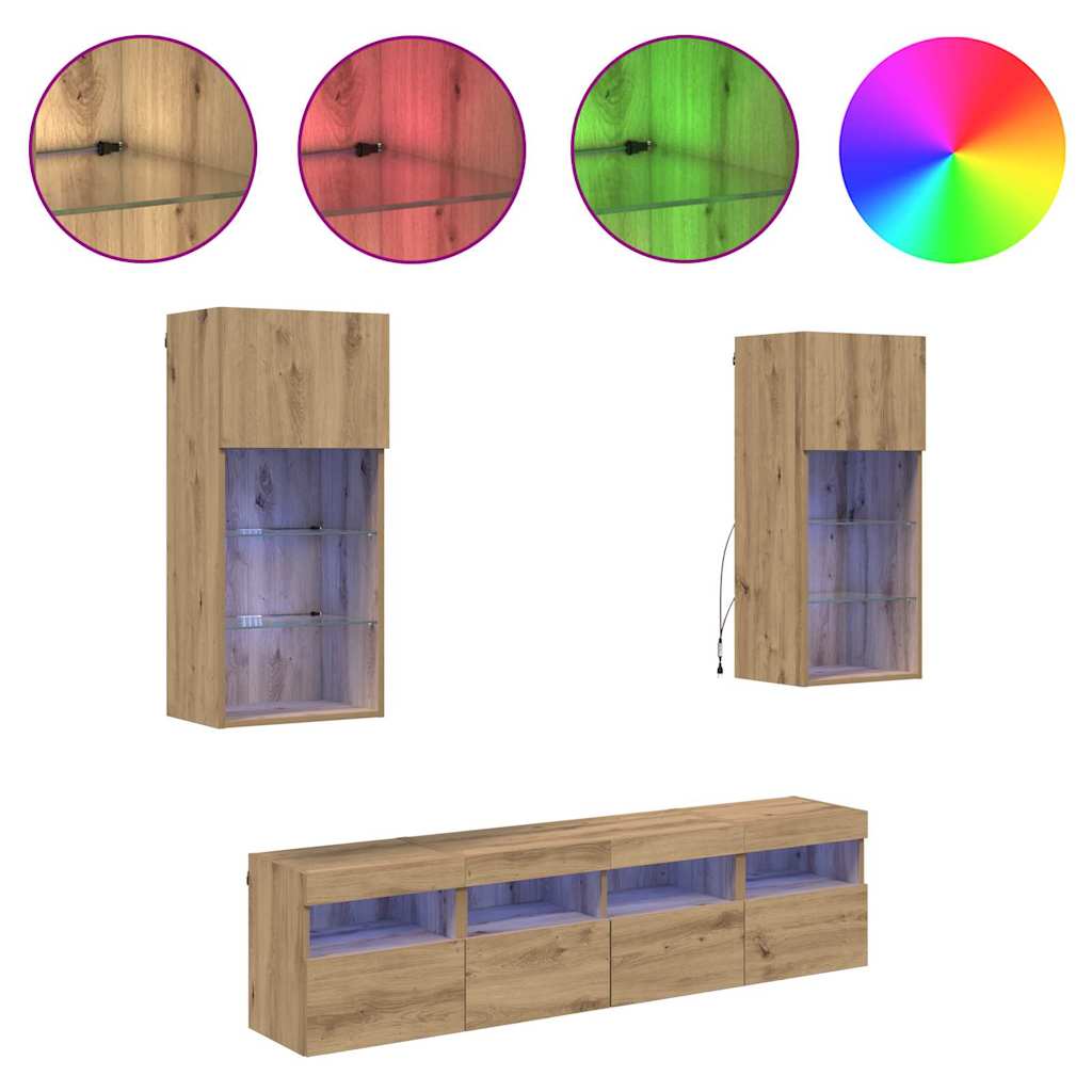 Unități TV de perete cu LED 5 pcs Stejar Artizanal GartenMobel Dekor