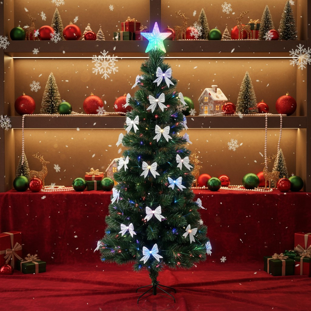 Brad artificial 210 cm, fundite si fibra optica, stea in varf, lumini multicolore, suport metalic, verde MultiMark GlobalProd