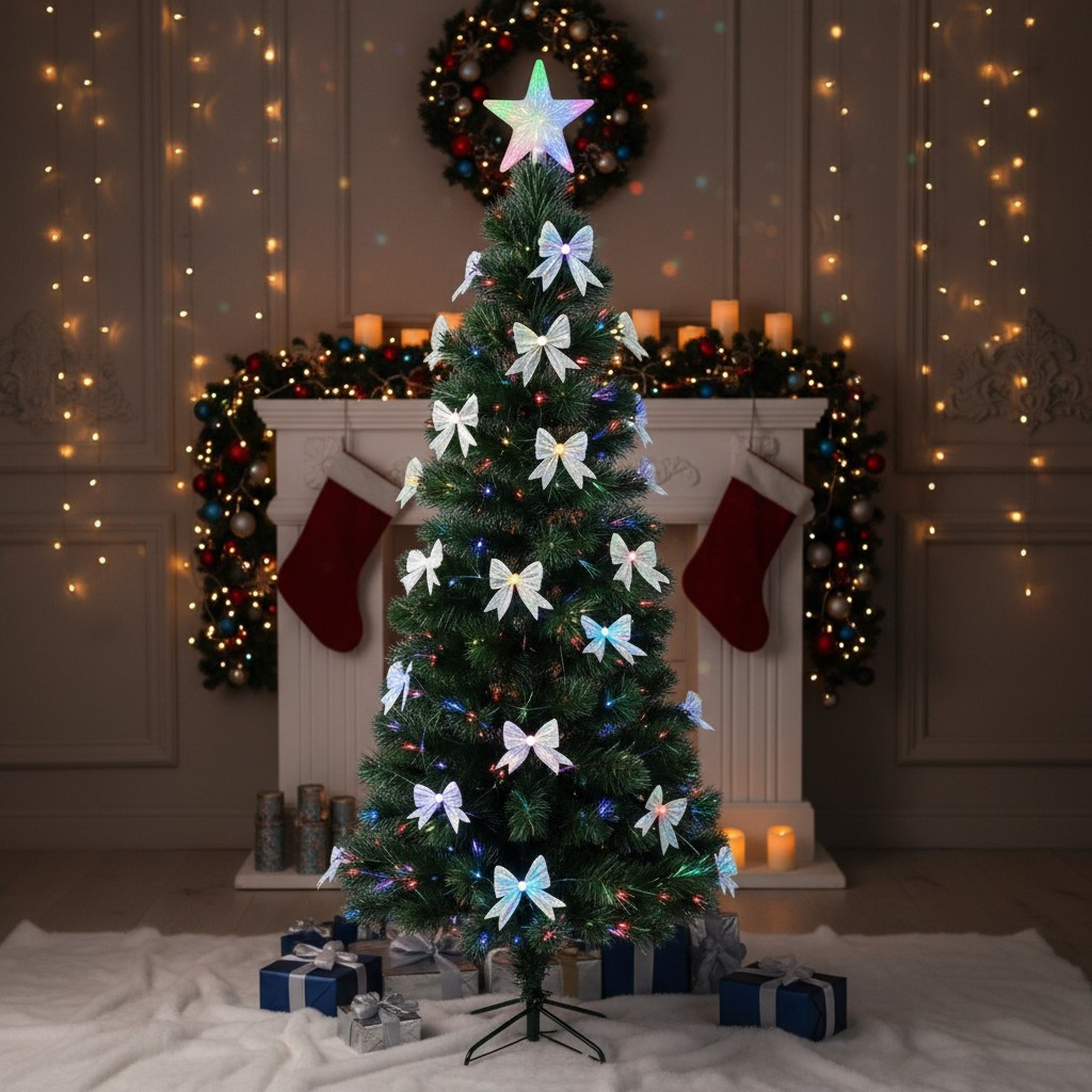 Brad artificial 210 cm, fundite si fibra optica, stea in varf, lumini multicolore, suport metalic, verde MultiMark GlobalProd