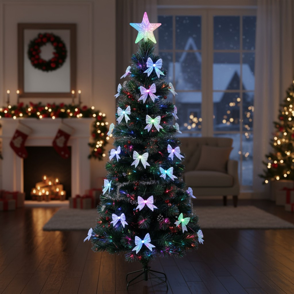 Brad artificial 210 cm, fundite si fibra optica, stea in varf, lumini multicolore, suport metalic, verde MultiMark GlobalProd