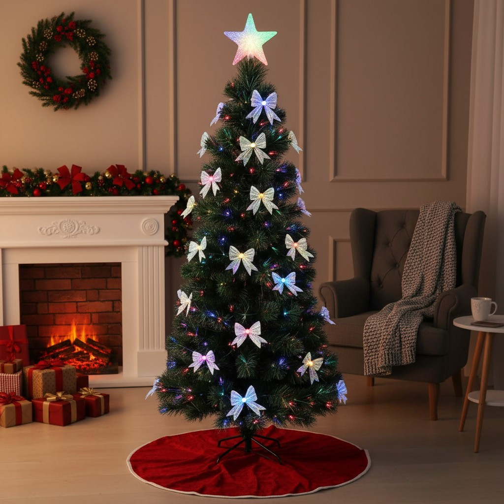 Brad artificial 210 cm, fundite si fibra optica, stea in varf, lumini multicolore, suport metalic, verde MultiMark GlobalProd