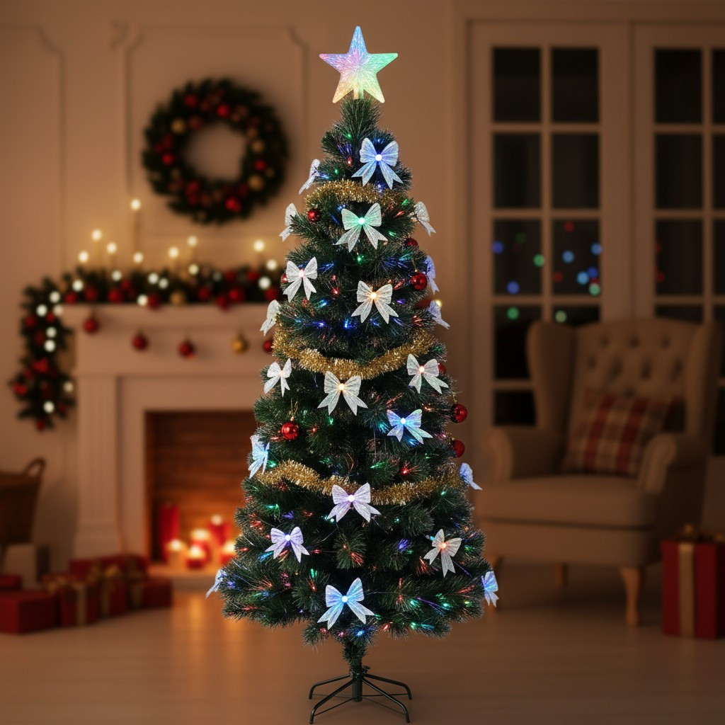 Brad artificial 210 cm, fundite si fibra optica, stea in varf, lumini multicolore, suport metalic, verde MultiMark GlobalProd