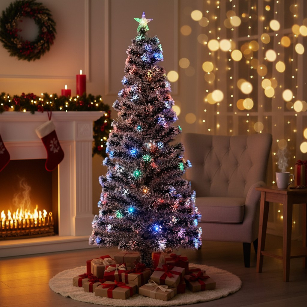 Brad artificial de craciun, iluminat led si fibra optica, varf steluta, 210 cm MultiMark GlobalProd