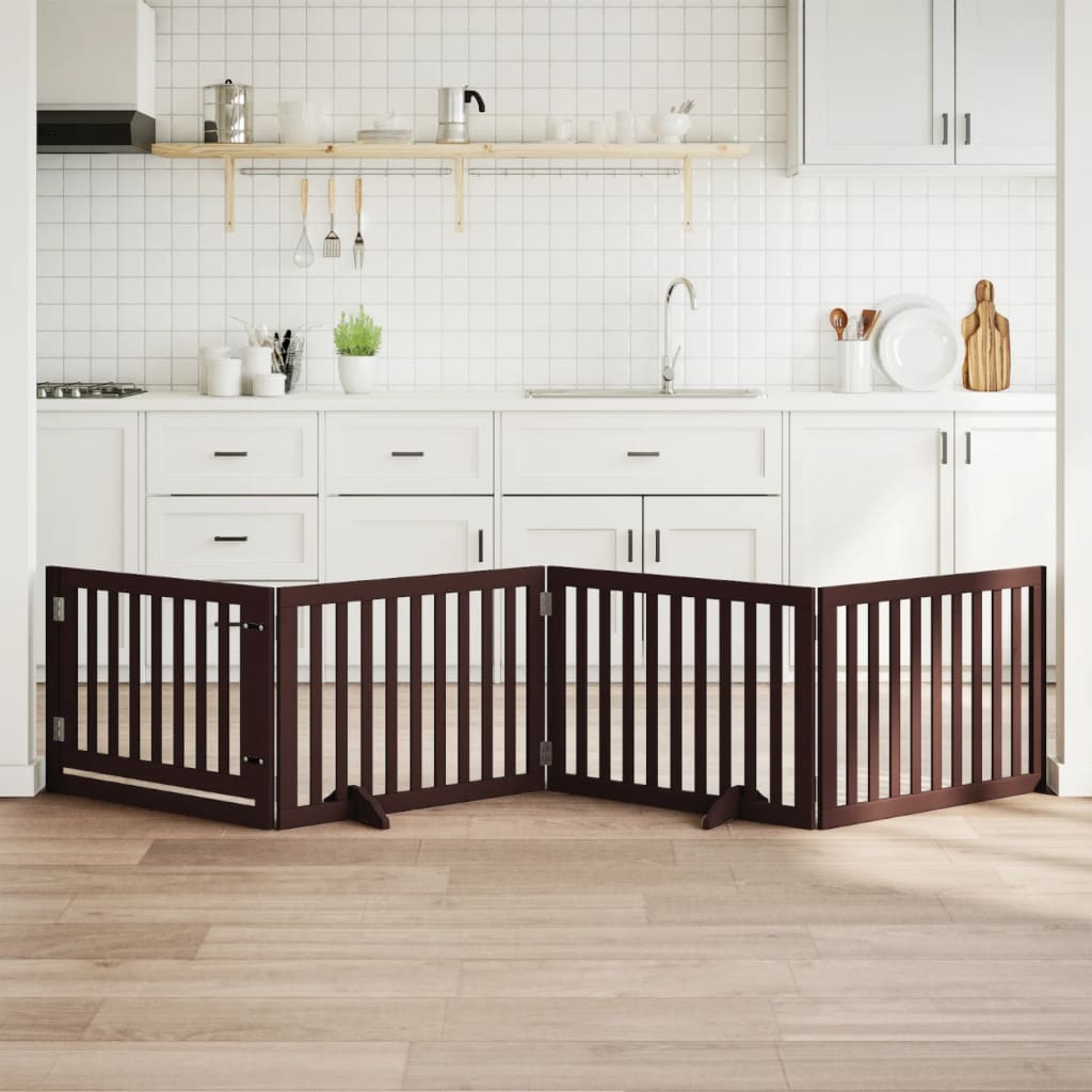 Poartă câini pliabilă cu ușă 4 panouri maro, 320 cm, lemn plop GartenMobel Dekor