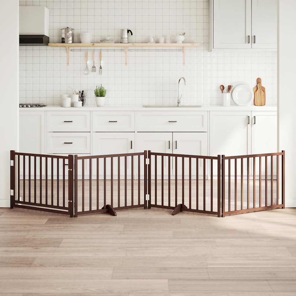 Poartă câini pliabilă cu ușă 4 panouri maro 320 cm, lemn brad GartenMobel Dekor
