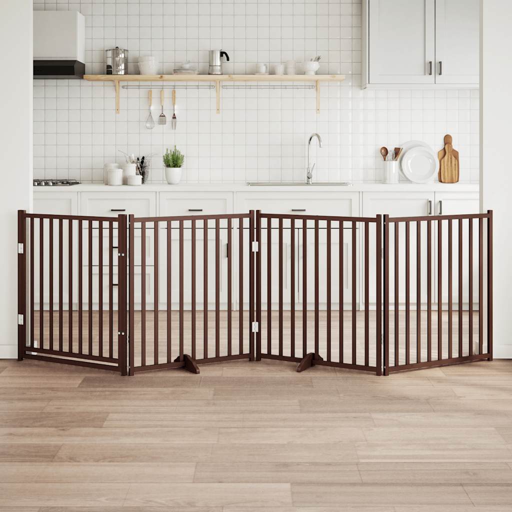 Poartă câini pliabilă cu ușă 4 panouri maro 320 cm, lemn brad GartenMobel Dekor
