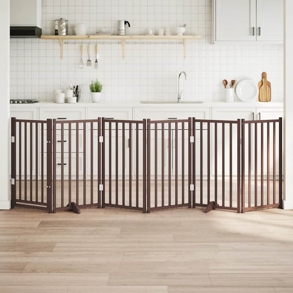 Poartă câini pliabilă cu ușă 6 panouri maro 300 cm, lemn brad GartenMobel Dekor