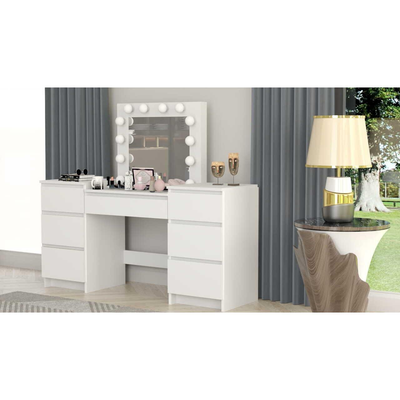 Masa de toaleta/machiaj, alb, cu oglinda si LED-uri, Antonia, 155x42x135 cm GartenVIP DiyLine