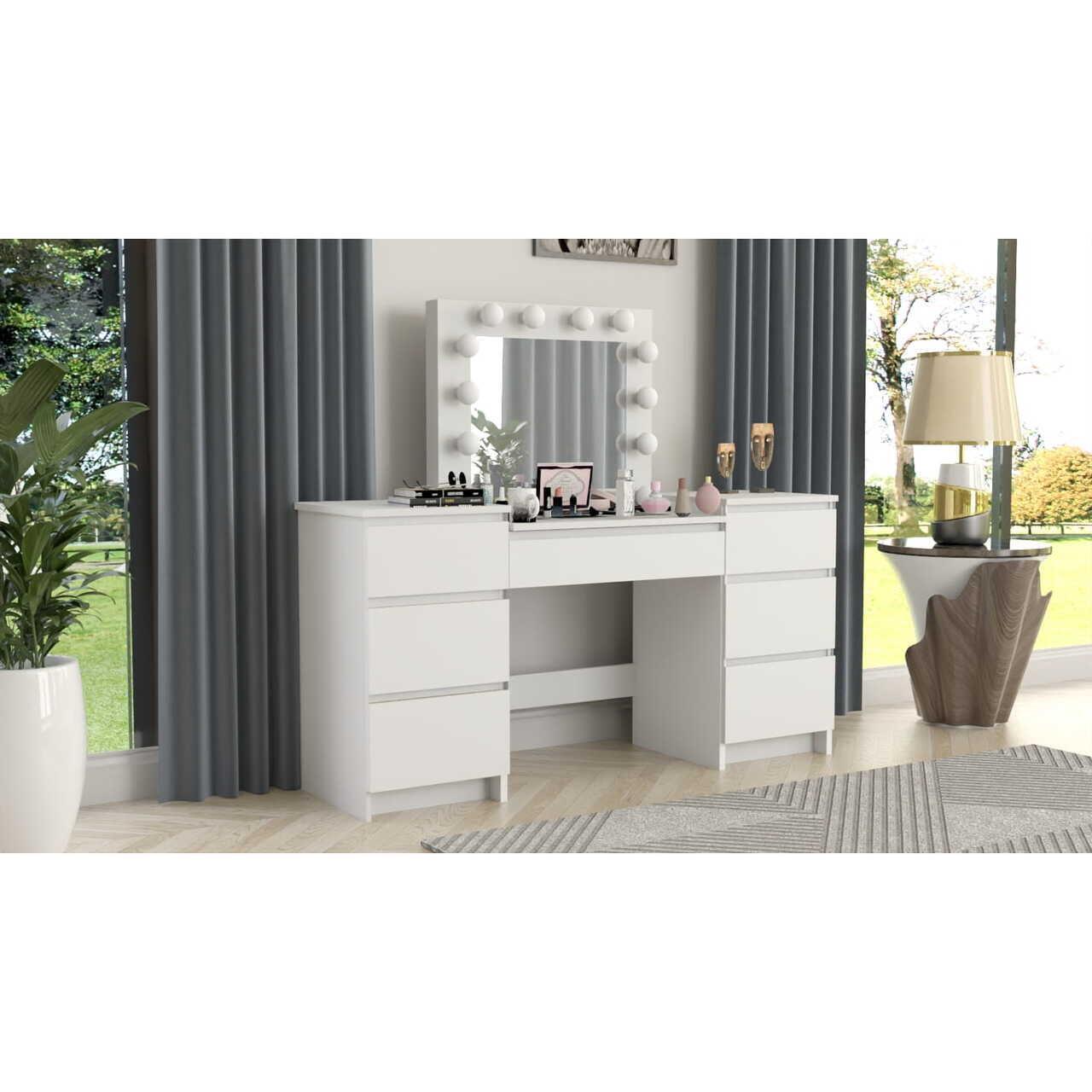 Masa de toaleta/machiaj, alb, cu oglinda si LED-uri, Antonia, 155x42x135 cm GartenVIP DiyLine