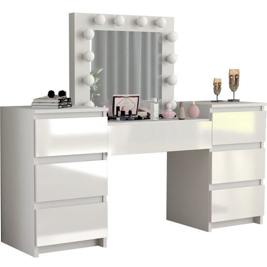 Masa de toaleta/machiaj, alba, sertare lucioase, cu oglinda si LED-uri, Antonia, 155x42x135 cm GartenVIP DiyLine