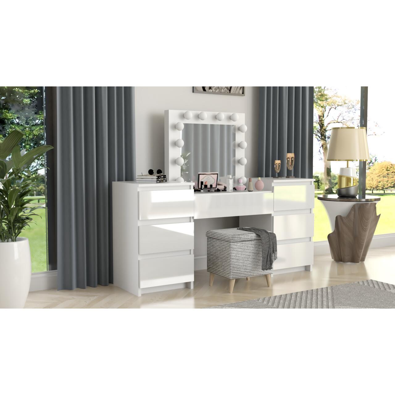 Masa de toaleta/machiaj, alba, sertare lucioase, cu oglinda si LED-uri, Antonia, 155x42x135 cm GartenVIP DiyLine
