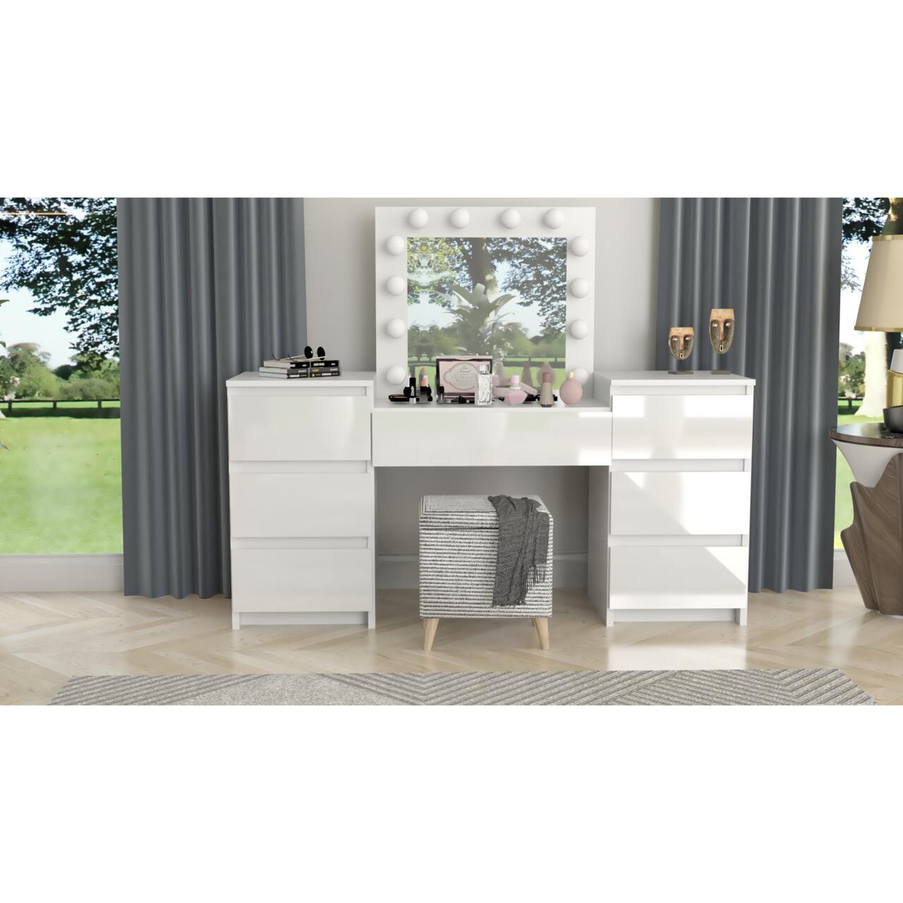 Masa de toaleta/machiaj, alba, sertare lucioase, cu oglinda si LED-uri, Antonia, 155x42x135 cm GartenVIP DiyLine