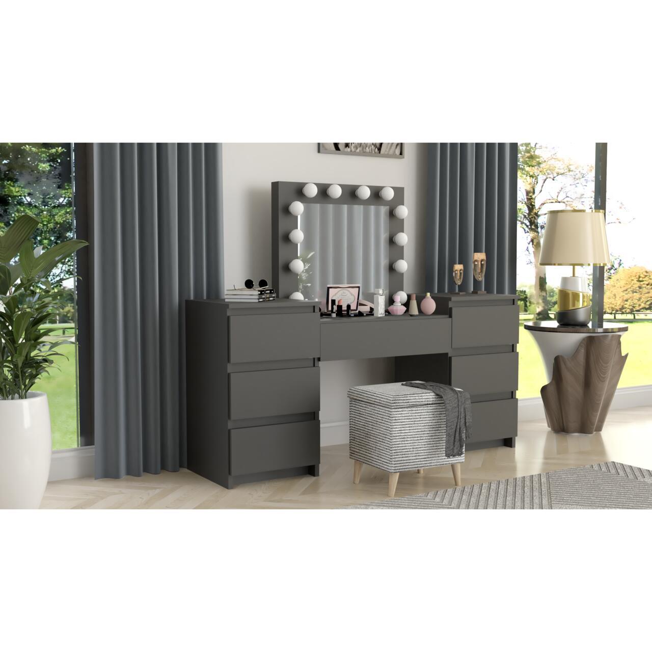 Masa de toaleta/machiaj, negru, cu oglinda si LED-uri, Antonia, 155x42x135 cm GartenVIP DiyLine