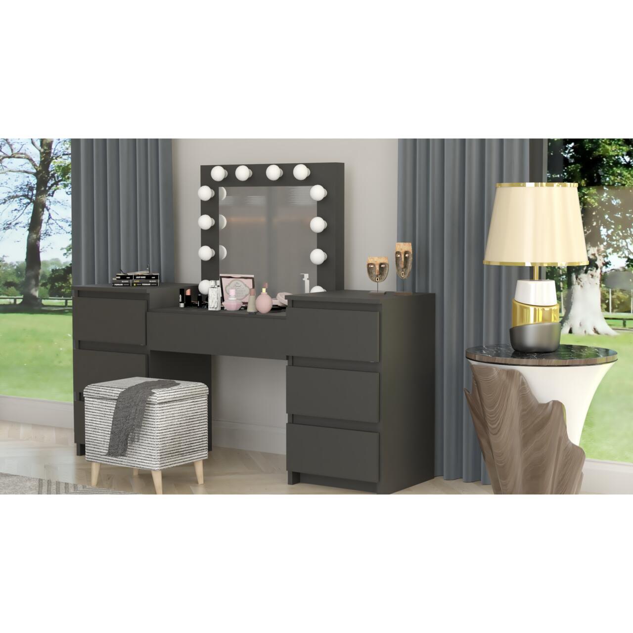 Masa de toaleta/machiaj, negru, cu oglinda si LED-uri, Antonia, 155x42x135 cm GartenVIP DiyLine