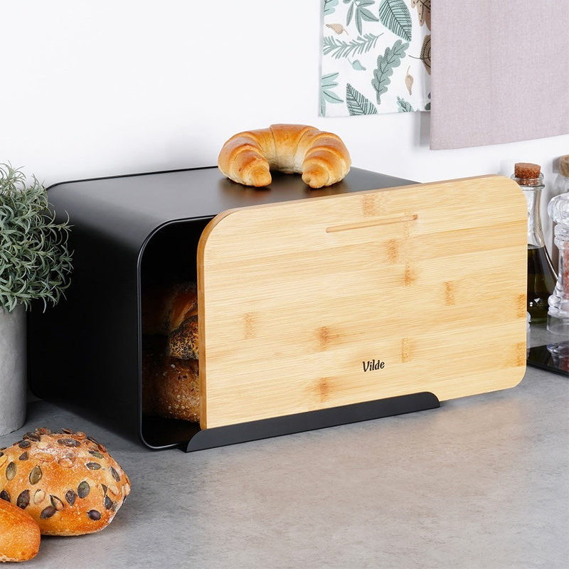 Cutia pentru pâine din metal cu capac din bambus neagră, 35×22×20,5 cm Handy KitchenServ