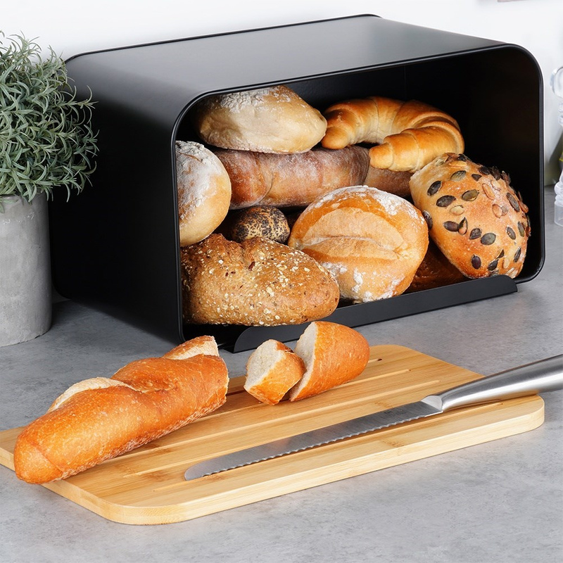 Cutia pentru pâine din metal cu capac din bambus neagră, 35×22×20,5 cm Handy KitchenServ