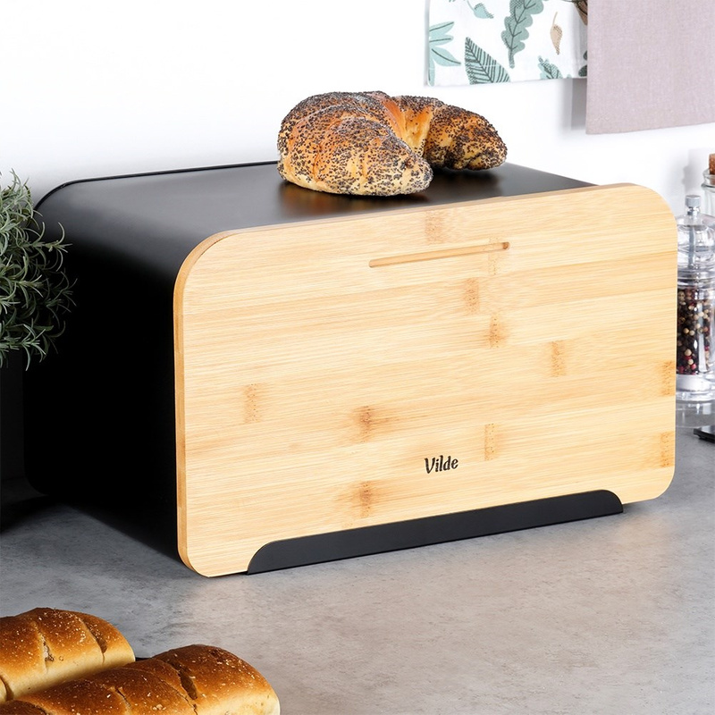 Cutia pentru pâine din metal cu capac din bambus neagră, 35×22×20,5 cm Handy KitchenServ