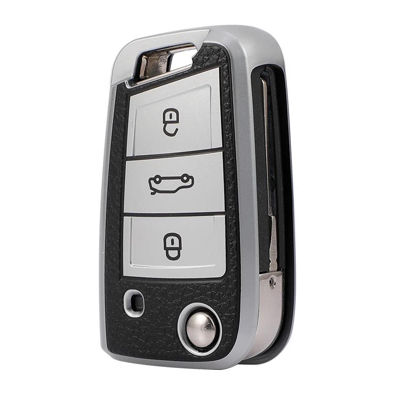 Husa Cheie Auto Briceag VW Golf 7, Tpu, Aspect Piele, Gri AutoProtect KeyCars