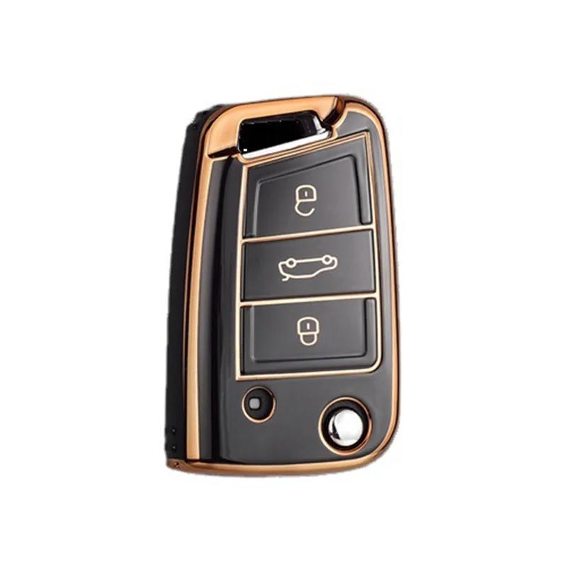 Husa Cheie Auto Briceag VW Golf 7, Tpu, Negru cu contur auriu AutoProtect KeyCars