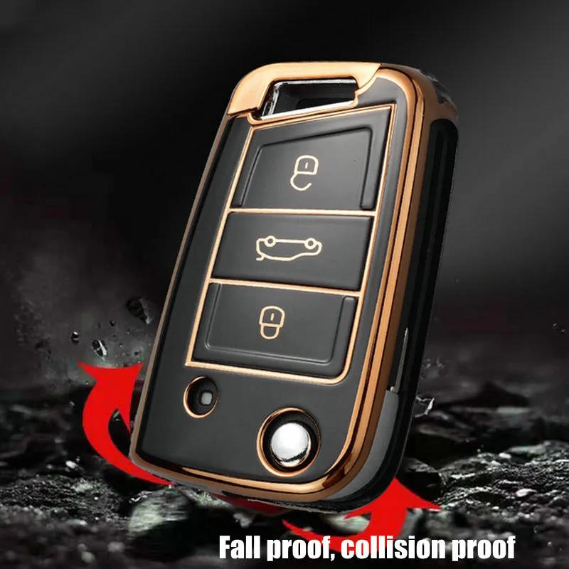 Husa Cheie Auto Briceag VW Golf 7, Tpu, Negru cu contur auriu AutoProtect KeyCars