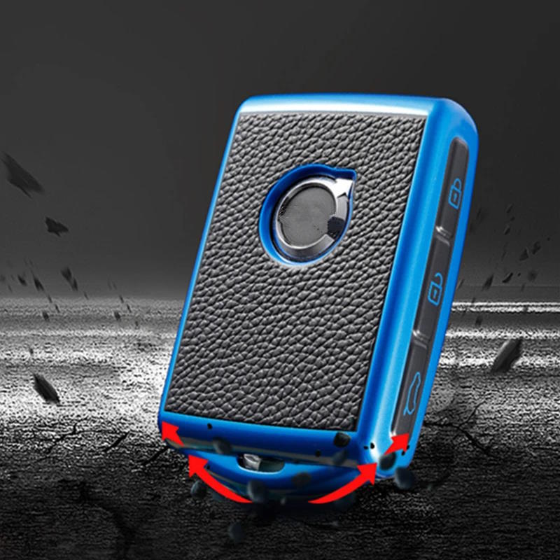 Husa Cheie Auto VOLVO XC90, XC60, XC40, Smartkey, Tpu, Aspect Piele, Albastru AutoProtect KeyCars