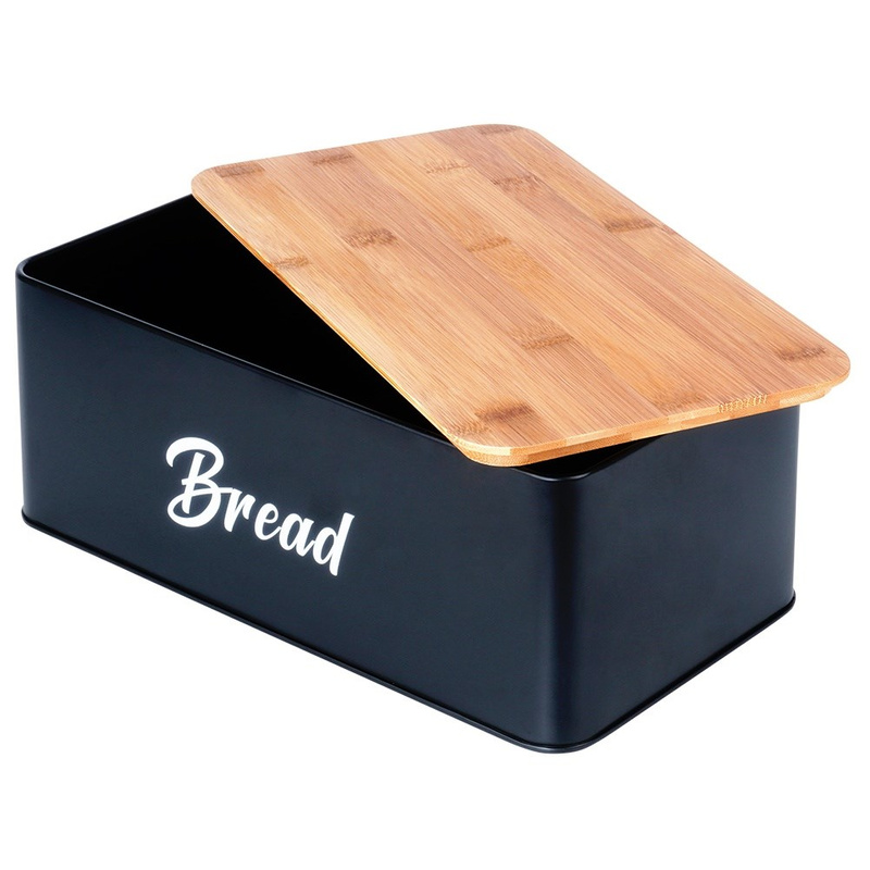 Set de cutie pentru pâine și 3 recipiente pentru cafea, ceai și zahăr – metal negru cu capac din bambus (4 piese) Handy KitchenServ