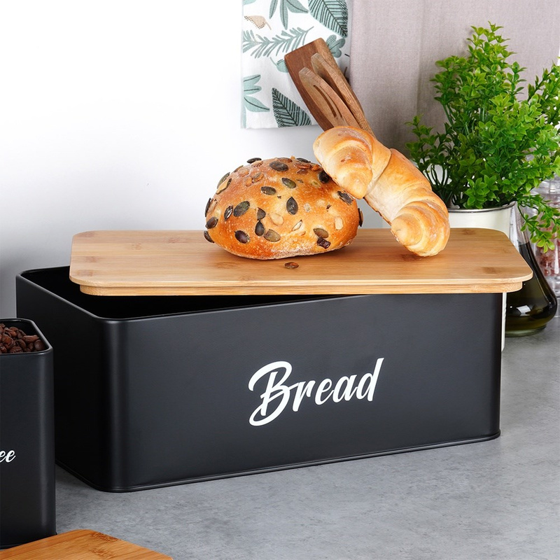 Set de cutie pentru pâine și 3 recipiente pentru cafea, ceai și zahăr – metal negru cu capac din bambus (4 piese) Handy KitchenServ