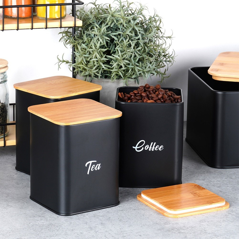 Set de cutie pentru pâine și 3 recipiente pentru cafea, ceai și zahăr – metal negru cu capac din bambus (4 piese) Handy KitchenServ