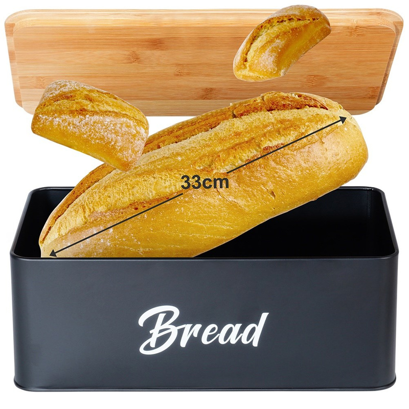 Set de cutie pentru pâine și 3 recipiente pentru cafea, ceai și zahăr – metal negru cu capac din bambus (4 piese) Handy KitchenServ