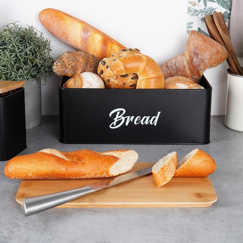 Set de cutie pentru pâine și 3 recipiente pentru cafea, ceai și zahăr – metal negru cu capac din bambus (4 piese) Handy KitchenServ