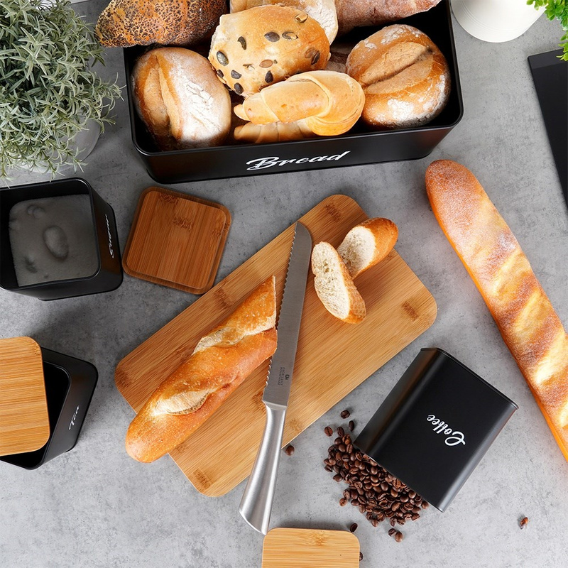 Set de cutie pentru pâine și 3 recipiente pentru cafea, ceai și zahăr – metal negru cu capac din bambus (4 piese) Handy KitchenServ