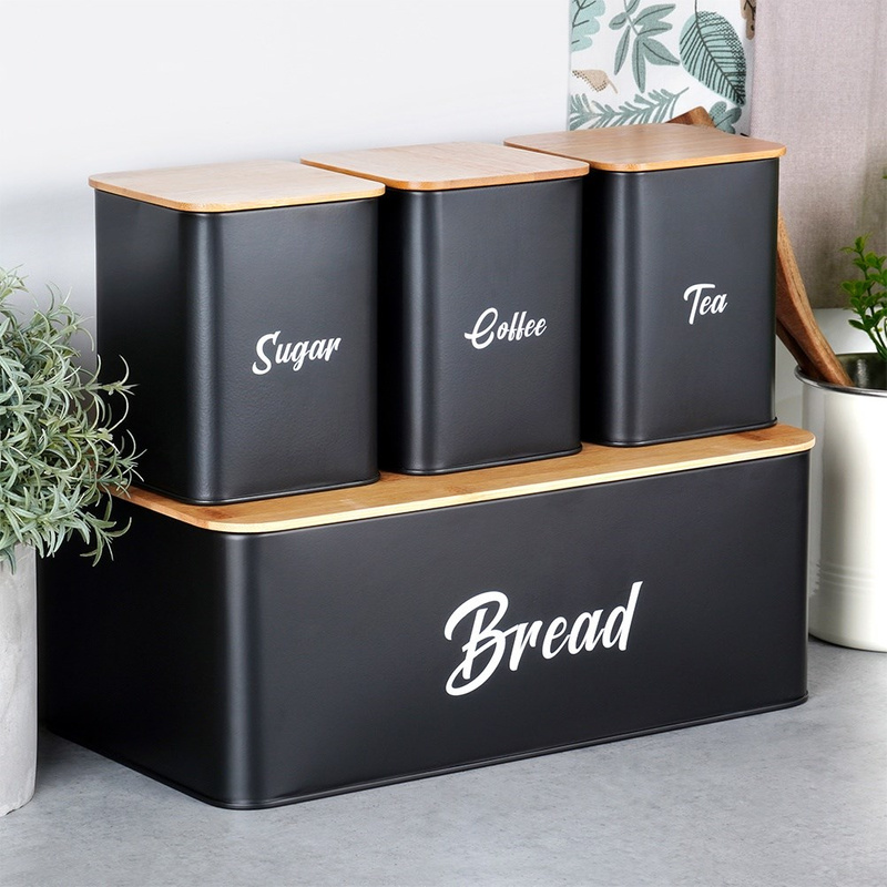 Set de cutie pentru pâine și 3 recipiente pentru cafea, ceai și zahăr – metal negru cu capac din bambus (4 piese) Handy KitchenServ
