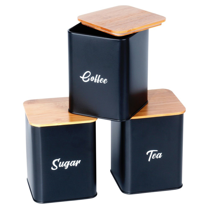 Set de cutie pentru pâine și 3 recipiente pentru cafea, ceai și zahăr – metal negru cu capac din bambus (4 piese) Handy KitchenServ