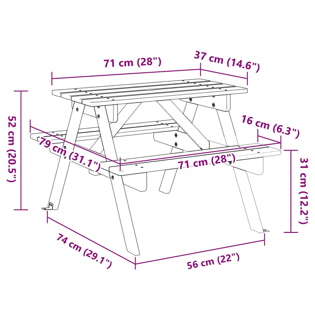 Masă picnic pentru 4 copii, orificiu umbrelă, lemn masiv brad GartenMobel Dekor