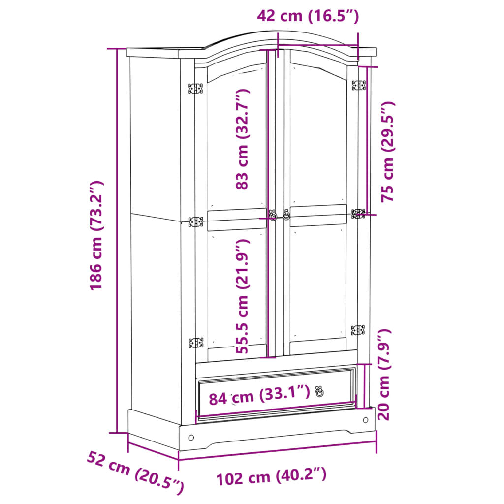 Șifonier „Corona”, 102x52x186 cm, lemn masiv de pin GartenMobel Dekor