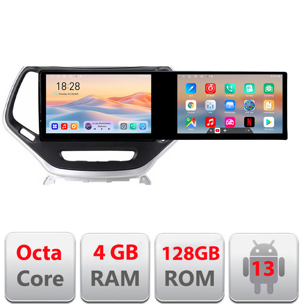 Navigatie Jeep Cherokee 2014-2019 Manual Kit-248 Edotec 2 ecrane 8 core 4+128 21.6 inch Incell android Wifi 5Ghz gps internet 32 CarStore Technology
