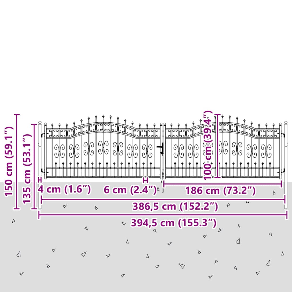 Poartă din Gard cu Vârf de Lancă Gri 404 x 100 cm Oțel GartenMobel Dekor