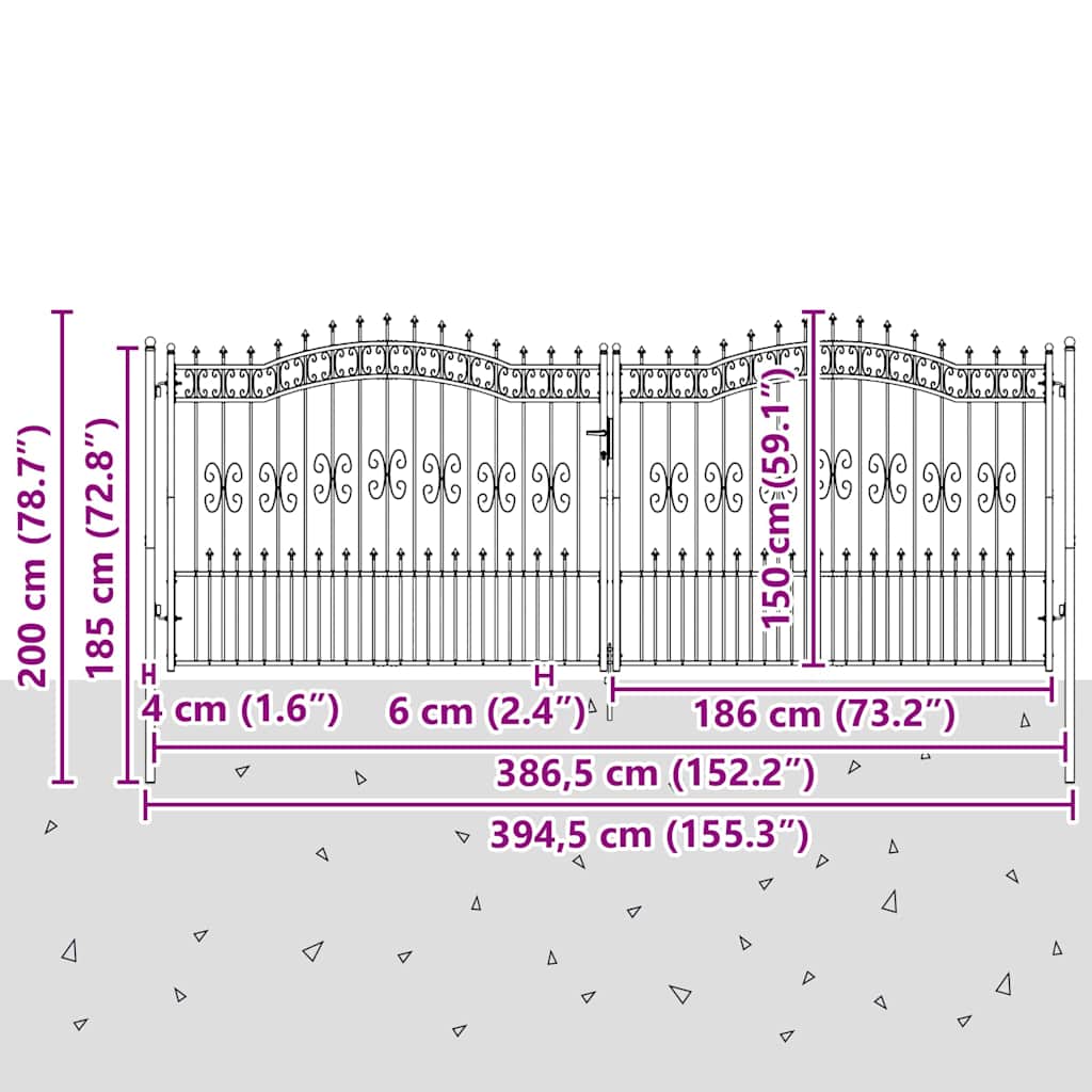 Poartă din Gard cu Vârf de Lancă Gri 404 x 150 cm Oțel GartenMobel Dekor