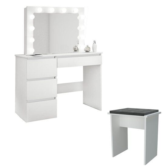 Masa de toaleta/machiaj + Taburet, alba, cu oglinda si LED-uri, Irina, 94x43x141 cm GartenVIP DiyLine
