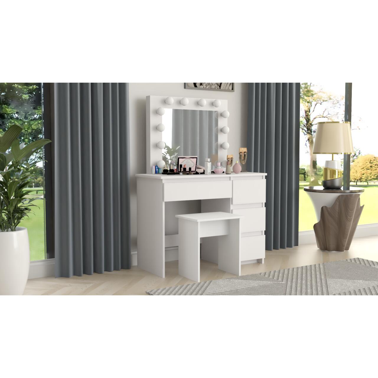 Masa de toaleta/machiaj + Taburet, alba, cu oglinda si LED-uri, Irina, 94x43x141 cm GartenVIP DiyLine