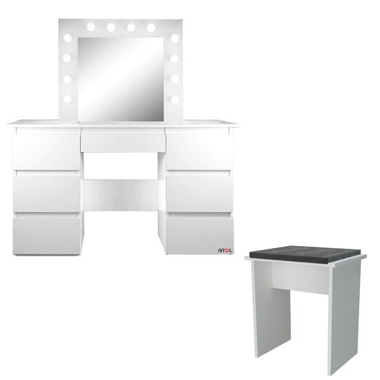 Masa de toaleta/machiaj + Taburet, alba, cu oglinda si LED-uri, Vanessa, 130x43x143 cm GartenVIP DiyLine