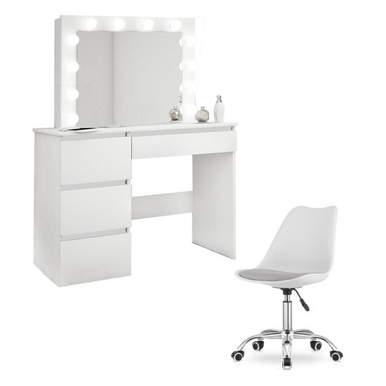 Masa de toaleta/machiaj + scaun Alba, alb, cu oglinda si LED-uri, Irina, 94x43x141 cm GartenVIP DiyLine