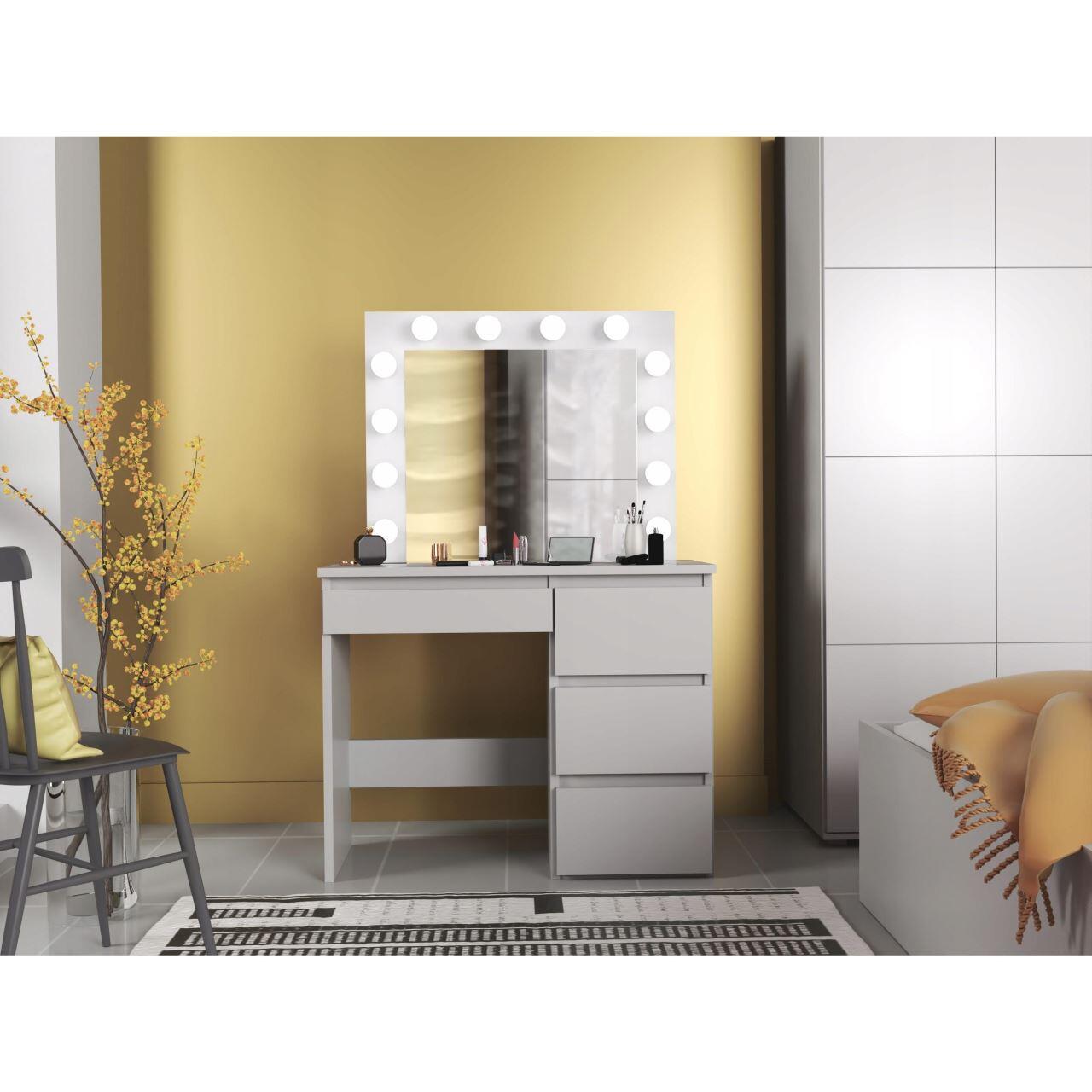Masa de toaleta/machiaj + scaun Alba, alb, cu oglinda si LED-uri, Irina, 94x43x141 cm GartenVIP DiyLine