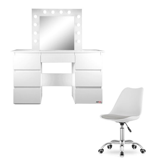 Masa de toaleta/machiaj + scaun Alba, alb, cu oglinda si LED-uri, Vanessa, 130x43x143 cm GartenVIP DiyLine