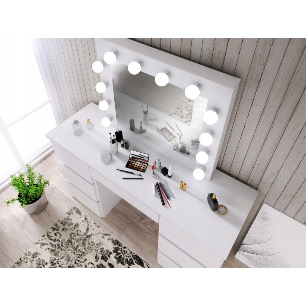 Masa de toaleta/machiaj + scaun Alba, alb, cu oglinda si LED-uri, Vanessa, 130x43x143 cm GartenVIP DiyLine